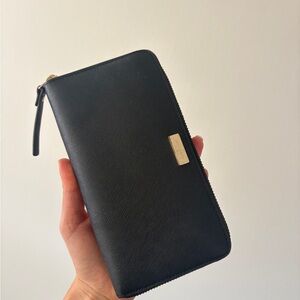 kate spade black zip-around leather wallet with gold hardware